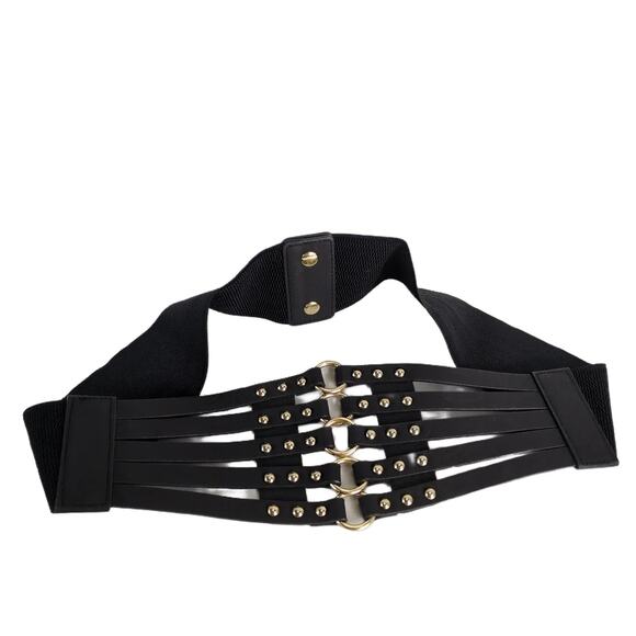 Elastic Corset-Style Belt 3X Rivets & Rings Strappy Waist Steampunk Goth Biker - Picture 2 of 6